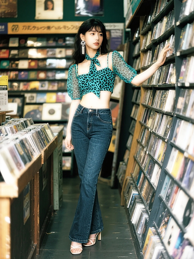 千禧年的老式碟片店，少女（青色豹纹纱质半袖搭配同色系丝巾，修身牛仔马蹄裤搭配高跟凉鞋，金属耳饰）撑着cd墙面。看镜头。