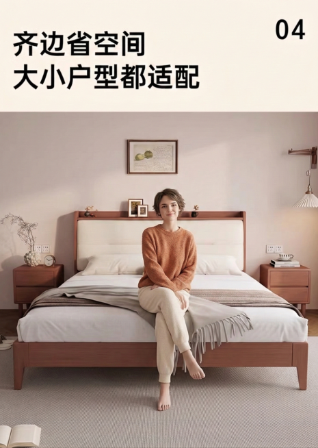 在这张床的床尾添加一个正面坐着的模特，模特姿态放松自然，与卧室温馨风格适配预览效果