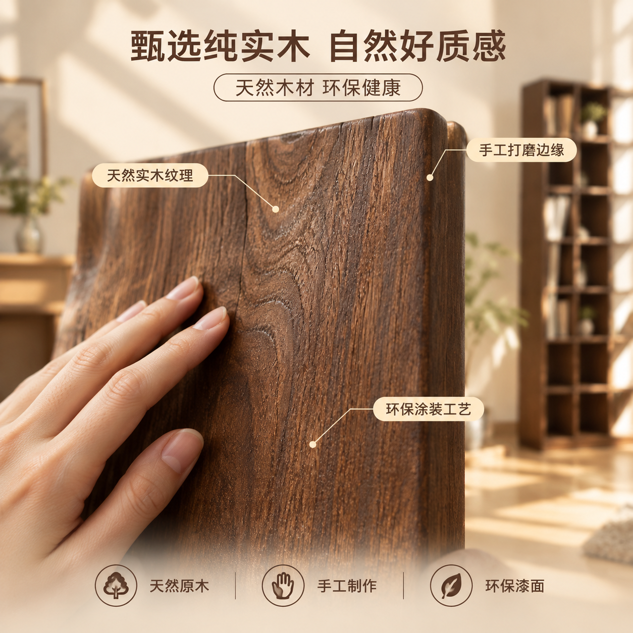 [主图-3] 材质与工艺细节展示，突出纯实木打造的高品质和自然… - 图片创意预览