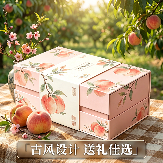 [主图 3] 精品水蜜桃礼盒送礼场景展示
[氛围风格] 温馨舒适田园治愈风，中式古风设计
[色彩] 暖调温馨，符合送礼场景氛围
[画质] 商业摄影质感，光线柔和通透，产品清晰真实，画面干净高级
[元素] 精品水蜜桃礼盒放置在田园野餐垫上，旁边搭配两颗新鲜成熟的水蜜桃和一支古风花艺，背景是绿意盎然的桃园，自然清新氛围拉满。保持礼盒外观设计与参考图完全一致，粉色国风水蜜桃图案，双层结构不改变。画面整体营造出送礼佳品的氛围，商品主体占比65%，满铺无边框
[光影] 午后暖调自然光，透过树叶形成斑驳光影，整体温暖治愈，通透自然
[配色] 自然绿色、柔粉色为主，原木色、蜜桃粉点缀，清新自然
[视角构图] 平视取景，景深适中，背景虚化突出礼盒主体，构图和谐饱满
[文字版式] 画面底部设置半透明悬浮条，两端留空，横向排列卖点标语：「古风设计 送礼佳选」，字体清晰，颜色与背景对比明显，不遮挡主体
[比例分辨率] 1:1 比例，2k分辨率，文字清晰可辨，超高清
[负向提示词] 变形，水印，文字错乱，产品图模糊，背景杂乱