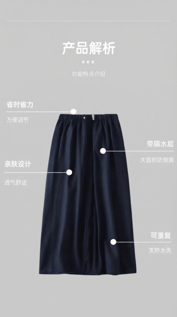 参考上传图片版式设计产品解析详情图，浅灰色纯色背景，顶部大标题产品解析，副标题功能特点介绍，中间展示藏青蓝色老年人隔尿裙，用白色圆点引线标注各个产品特点，完全复刻参考图排版布局，替换内容为我们的产品和预览效果