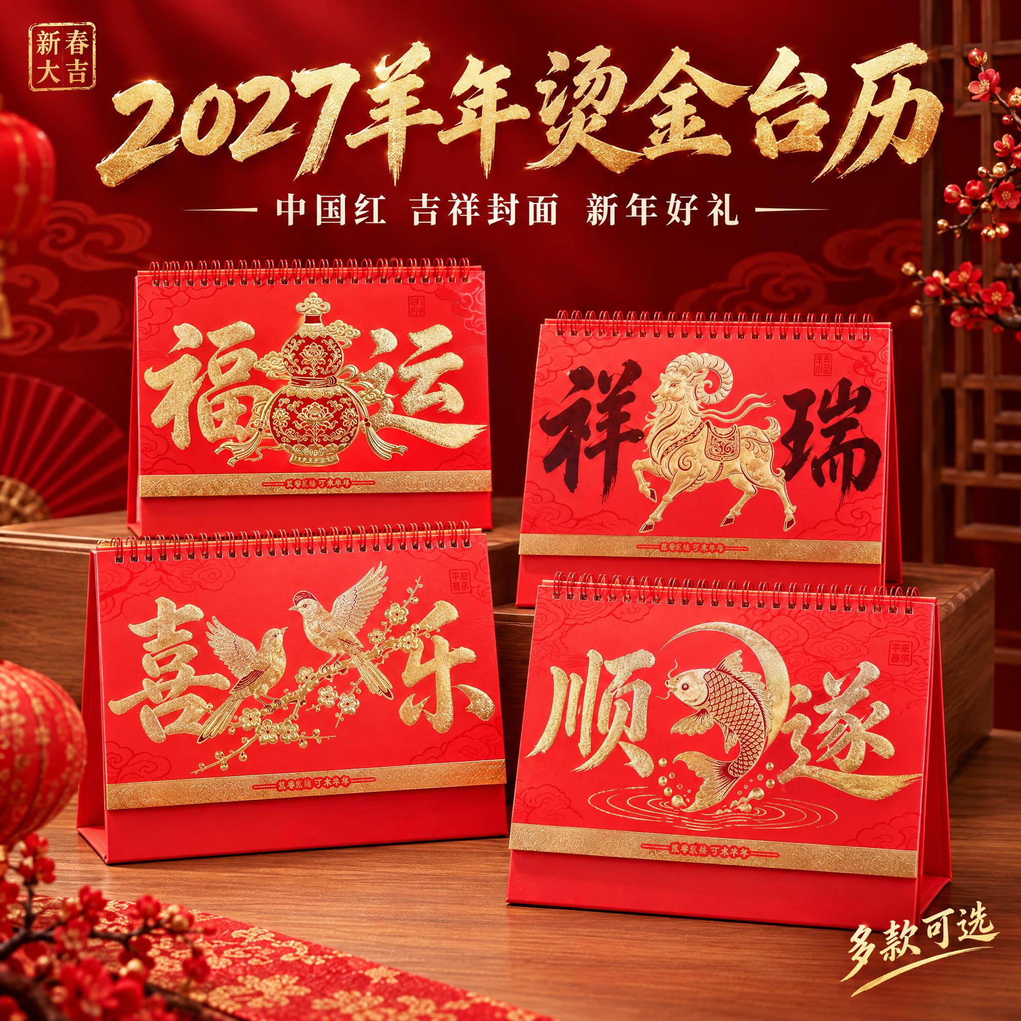 [主图-1] 产品身份首图，展示2027羊年中国红烫金台历全家… - 图片创意预览
