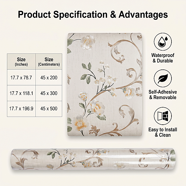 [主图 5] Multiple Sizes Size Specification
[氛围风格] clean professional specification style, consistent warm home tone
[画质] commercial photography, clear text, high resolution, clean picture
[elements] Keep the original product pattern and color consistent with the input image, the main product is rolled and placed in the center of the picture, the background is clean off-white. On the left, mark the product size in both inches and centimeters, on the right, use icon + short text to list 3 core advantages, the layout is neat. At the bottom, place the product roll packaging, complete display. All text is in English, no Chinese characters, the information is clear and easy to read, in line with Amazon platform norms.
[光影] soft even light, clear size text, no occlusion shadow
[配色] background off-white, product original color green gold beige, text strong contrast, clear identification
[perspective composition] front flat layout, clear primary and secondary levels
[文字版式] Top title "Product Specification & Advantages" large bold, size information and advantage information arranged in left and right columns, neat alignment, reasonable spacing, strong readability.
[proportion resolution] 1:1 ratio, 2048px * 2048px 2K resolution, super high definition, clear text
[negative prompt] deformation, watermark, text chaos, blurred product, messy background, Chinese characters, exaggerated publicity words, decorative border