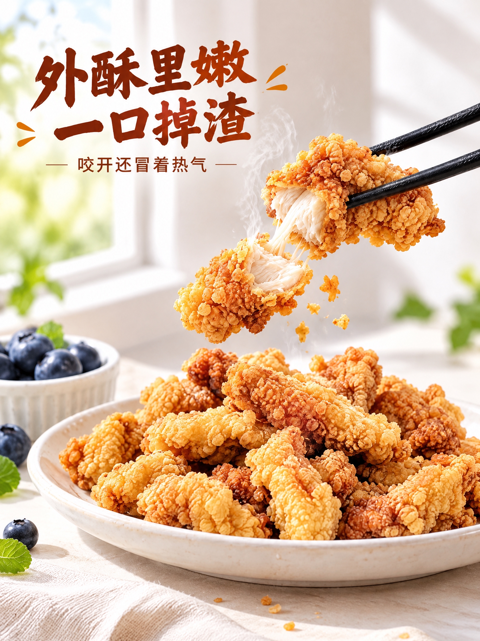 基于原图重新构图为3:4竖版，保持画面主体、筷子夹着的掰开鸡柳… - 图片创意预览