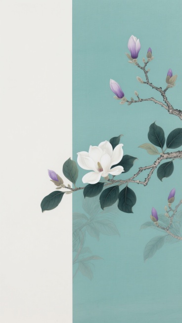 中国传统工笔花鸟画风格，左侧大面积留白的纵向构图，右侧以细腻线条勾勒的盛开白玉兰花枝，搭配墨绿色叶片，整体色调改为青绿色背景上点缀淡紫色花苞，营造清雅宁静的自然景观氛围，线条工整细致，色彩过渡柔和，具有古典雅致的装饰美感。预览效果