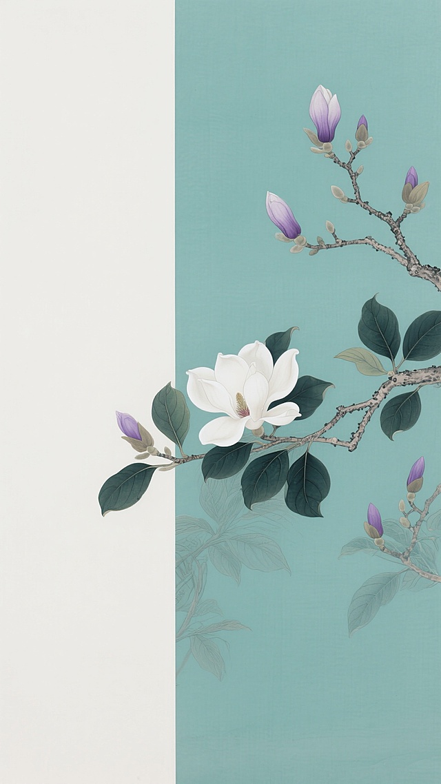 中国传统工笔花鸟画风格，左侧大面积留白的纵向构图，右侧以细腻线条勾勒的盛开白玉兰花枝，搭配墨绿色叶片，整体色调改为青绿色背景上点缀淡紫色花苞，营造清雅宁静的自然景观氛围，线条工整细致，色彩过渡柔和，具有古典雅致的装饰美感。