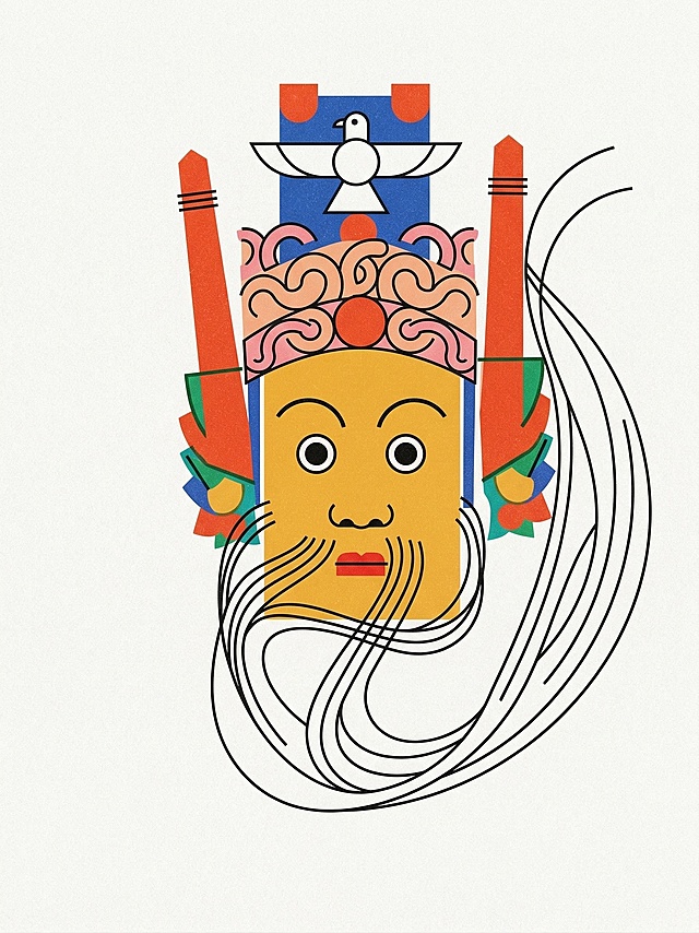 将这张传统面具转换为现代极简几何扁平风格，融合包豪斯主义理性线条与risograph印刷质感，图形高度概括，无多余细节，强调色彩与形状的构成关系，带有复古印刷的颗粒肌理