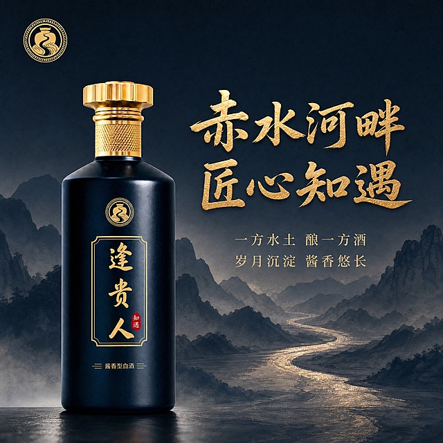 基于这张产区工艺图重新生成，走文化意境路线，去掉产品工艺介绍和图标，转化为文化表达。去掉底部三个圆形工艺图标和所有说明文字。去掉中间「12987 一年一周期 / 端午制曲 重阳下沙」文字。产品主体保留：左侧深蓝酒瓶，外观颜色文字完全不变。背景山水河流意境保留，更水墨写意。左上角品牌Logo保留。主标题改为「赤水河畔 匠心知遇」，烫金大字。主标题下方增加两行文化短句：「一方水土 酿一方酒」「岁月沉淀 酱香悠长」，细宋体浅金色。整体画面简约大气，讲产区文化与知遇意境，不做工艺参数介绍。商业摄影质感，产品底部有真实接触阴影。比例1:1。负向：禁止工艺图标、禁止参数介绍、禁止花哨装饰、禁止产品变形、禁止错字。