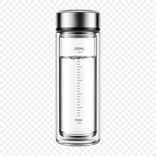 双层500ML容量保温杯，杯身采用透明玻璃效果，水位到3/4位置，清晰显示500ML刻度线，水质透明洁净，去除底色，纯拟物图标设计，用作饮水机杯量显示按键预览效果