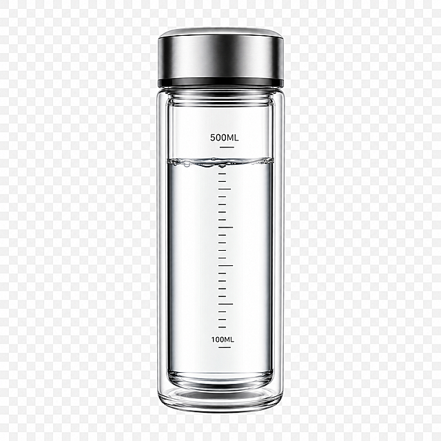 双层500ML容量保温杯，杯身采用透明玻璃效果，水位到3/4位置，清晰显示500ML刻度线，水质透明洁净，去除底色，纯拟物图标设计，用作饮水机杯量显示按键
