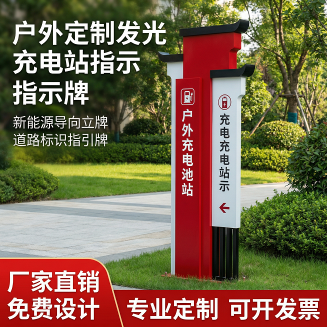 基于「图片1」，生成一套主图（5张），商品为户外定制发光充电站新能源导向指示牌导视牌指引牌道路标识立牌，商品核心卖点是厂家直销免费设计专业定制 可开发票，氛围/风格是舒适简约、家居治愈，适配拼多多平台预览效果