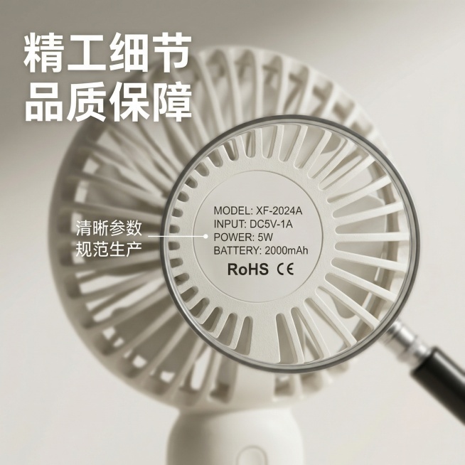 [主图 3 细节展示]，[主图主题]便携式小风扇细节做工展示，[氛围风格]真实质感专业风，柔和侧逆光，[画面元素]产品背面居中放置，用圆形放大镜框放大背部规格标识区域，框内图像锐化处理，框外背景虚化，预览效果