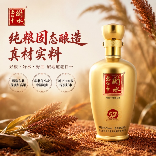 [单张主图] 商品名称：衡水老白干 金坛52度白酒，采用高级氛围感主图路线，主图目标突出白酒纯粮固态酿造的地道品质和真材实料。
[画面主体] 主体为金坛52度衡水老白干金色酒瓶，保持产品外观（物理结构预览效果