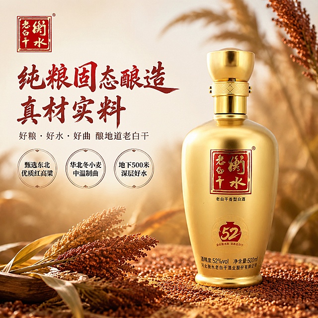 [单张主图] 商品名称：衡水老白干 金坛52度白酒，采用高级氛围感主图路线，主图目标突出白酒纯粮固态酿造的地道品质和真材实料。
[画面主体] 主体为金坛52度衡水老白干金色酒瓶，保持产品外观（物理结构、材质质感、颜色）与输入产品图绝对一致，杜绝任何变形和色差，精细化处理，金色哑光瓶身、红色烫金商标、52标识精准还原。产品主体占画面约55%，竖直居中偏右放置，完整展示瓶身全貌不裁切。
[构图版式] 采用原生成分型版式，产品融入酿酒原料场景，保留充足自然留白，所有文字放置在左上自然留白区域，不遮挡产品主体和瓶身标签。
[场景元素] 背景自然虚化，底部散落东北红高粱原料，点缀几支整株高粱穗，营造天然原料氛围，左上角安全区保留原品牌衡水老白干红色金标Logo，Logo字形颜色比例与产品一致，不遮挡产品。自然光影下高粱颗粒纹理清晰，增加天然酿造的信任感。
[文案版式] 左上留白区域左对齐排版，保留安全边距：
主标题："纯粮固态酿造 真材实料"，大号厚重书法字体，红色醒目，字形有力；
副标题："好粮・好水・好曲 酿地道老白干"，小号细宋体，棕色位于主标题下方；
下方三个金色线框圆形卖点，每个圆内一行文字：
"甄选东北优质红高粱"
"华北冬小麦中温制曲"
"地下500米深层好水"
黑色清晰字体，均匀排列，每个卖点独立呈现，干净整齐。
[光影质感] 主光为左侧自然逆光，穿过高粱穗打亮金色瓶身，突出瓶身哑光金质感和高光渐变，辅光为正面柔光，弱化阴影，背景高粱做浅景深虚化处理，整体通透干净，呈现高级商业摄影质感，产品清晰真实，原料纹理自然，光影层次丰富。
[配色字体] 主色调为浅米棕自然底色，辅助色提取产品本身的金色和红色，强调色为红色主标题，主标题选用厚重国风书法字体，卖点选用清晰无衬线黑体，字重对比明显，字色与背景对比强烈，文字清晰可读不拥挤。
[比例分辨率] 1:1比例，2048×2048分辨率，文字清晰锐利，超高清商业摄影质感。
[负向提示词] 变形，文字错乱，产品图模糊，背景杂乱，水印，电商平台Logo，错字，伪Logo，主体遮挡，低清晰度，错误结构。