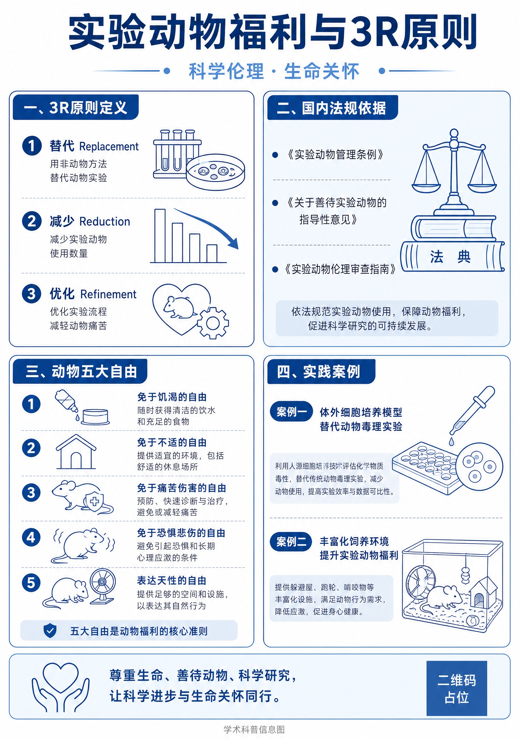 A3竖版学术科普信息图，主题为实验动物福利与3R原则，简约蓝白… - 图片创意预览
