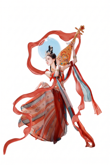 参考原图重新绘画，保持飞天敦煌造型，人物手持琵琶，飘动的红蓝色飘带，敦煌服饰，去掉背景，保留纯白色背景，整体风格和构图与原图一致预览效果