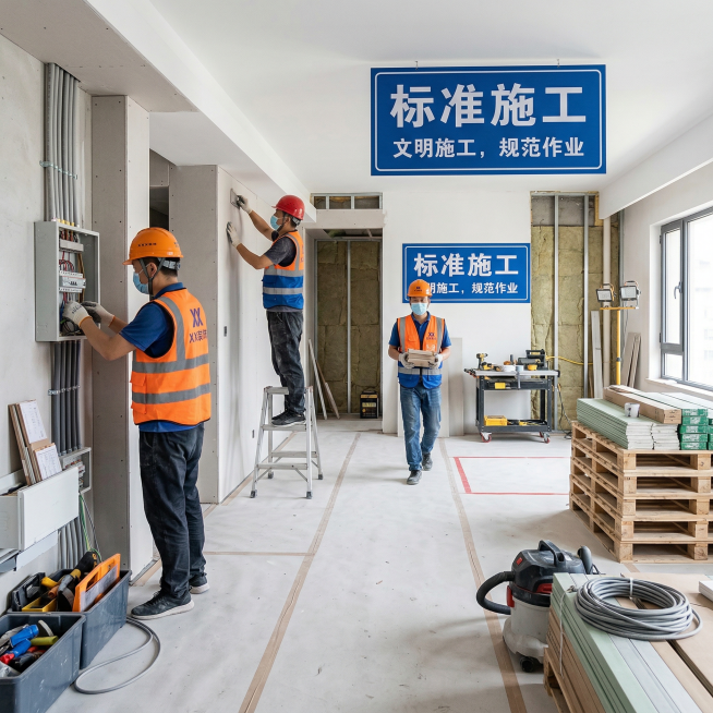 现实摄影照片，装修工地工人标准规范施工场景，整齐规范的施工现场，清晰显示文字“标准施工”，写实真实摄影风格预览效果