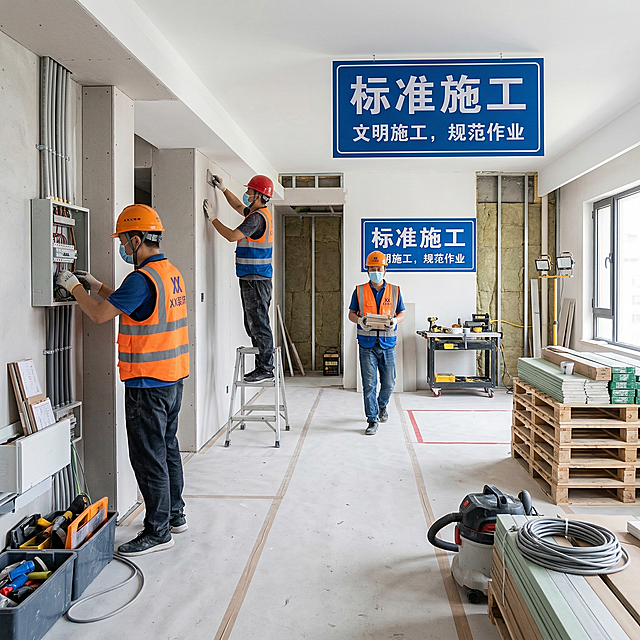 现实摄影照片，装修工地工人标准规范施工场景，整齐规范的施工现场，清晰显示文字“标准施工”，写实真实摄影风格