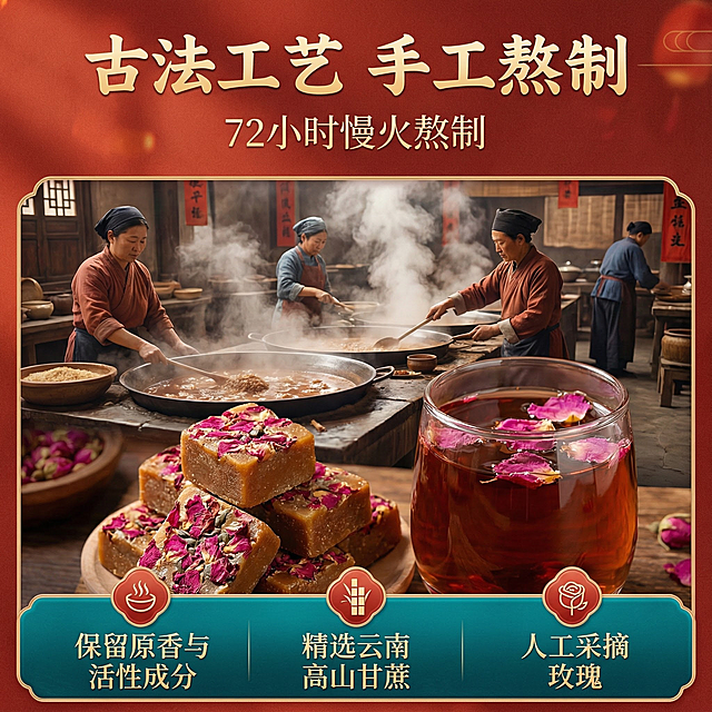 这张图片是产品主体这款产品是云南古法玫瑰红糖 我需要设计20张主图在拼多多上面售卖   主图场景  多增加一些玫瑰红糖水的设计 色调偏微红一些 要求高级  主图文案内容 玫瑰暖养 红润好容颜 古法手作 百年非遗 真材实料 重瓣红玫瑰 方便携带 天而不捏 味道醇厚 口感温润  口口甘蔗清香 原汁红糖 古法工艺 手工熬制红糖 好吃不上火 72 小时慢火熬制 无高温浓缩 保留红糖原香与玫瑰活性成分 精选云南高山甘蔗 人工采摘玫瑰 手工搅拌挂霜 每块都带自然玫瑰花瓣 暖腹驱寒 缓解痛经  告别手脚冰凉 补气血 改善气色
