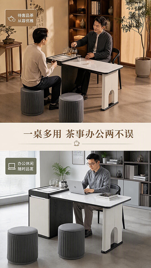 [第5张] 详情页使用场景页-品茶待客与办公休闲双场景。本张使用【图1】茶台套装作为主体，保持产品结构外观和鱼肚白颜色一致。
[氛围/风格] 生活方式场景风，温馨雅致，人物互动自然，商业摄影质感。
[元素布局] 画面上下分两个场景：上半部分为茶室待客场景，一位气质中年男士坐在茶椅上泡茶，对面圆凳坐一位客人，茶台上摆茶具，背景有书架、绿植、禅意装饰；下半部分为书房办公场景，茶台兼作书桌，摆放笔记本电脑和书籍，体现一桌多用；产品在两个场景中均保持与输入图一致的结构和鱼肚白颜色。
[光影质感] 上场景暖黄自然光，温馨柔和；下场景冷白办公光，明亮清爽；产品光影自然，质感真实。
[配色色系] 全局底色上下分区，上半暖米色 #F5EFE6，下半冷白灰 #EEF1F4；主色鱼肚白+深木色；辅助色暖棕、墨绿。
[视角构图] 上下双场景构图，均为45°斜侧视角，微俯视，阅读动线从上场景→中间分隔标题→下场景。
[文字版式] 中间分隔带主标题「一桌多用 茶事办公两不误」，上下场景各有小字标签：上场景角标「待客品茶 从容优雅」，下场景角标「办公休闲 随时品茗」。文字简洁不挡人物和产品。
[比例分辨率] 9:16竖版比例，4K分辨率，文字清晰可辨，高清画质。
[负向提示词] 产品变形，人物畸形，颜色偏差，水印，文字错乱，背景杂乱。