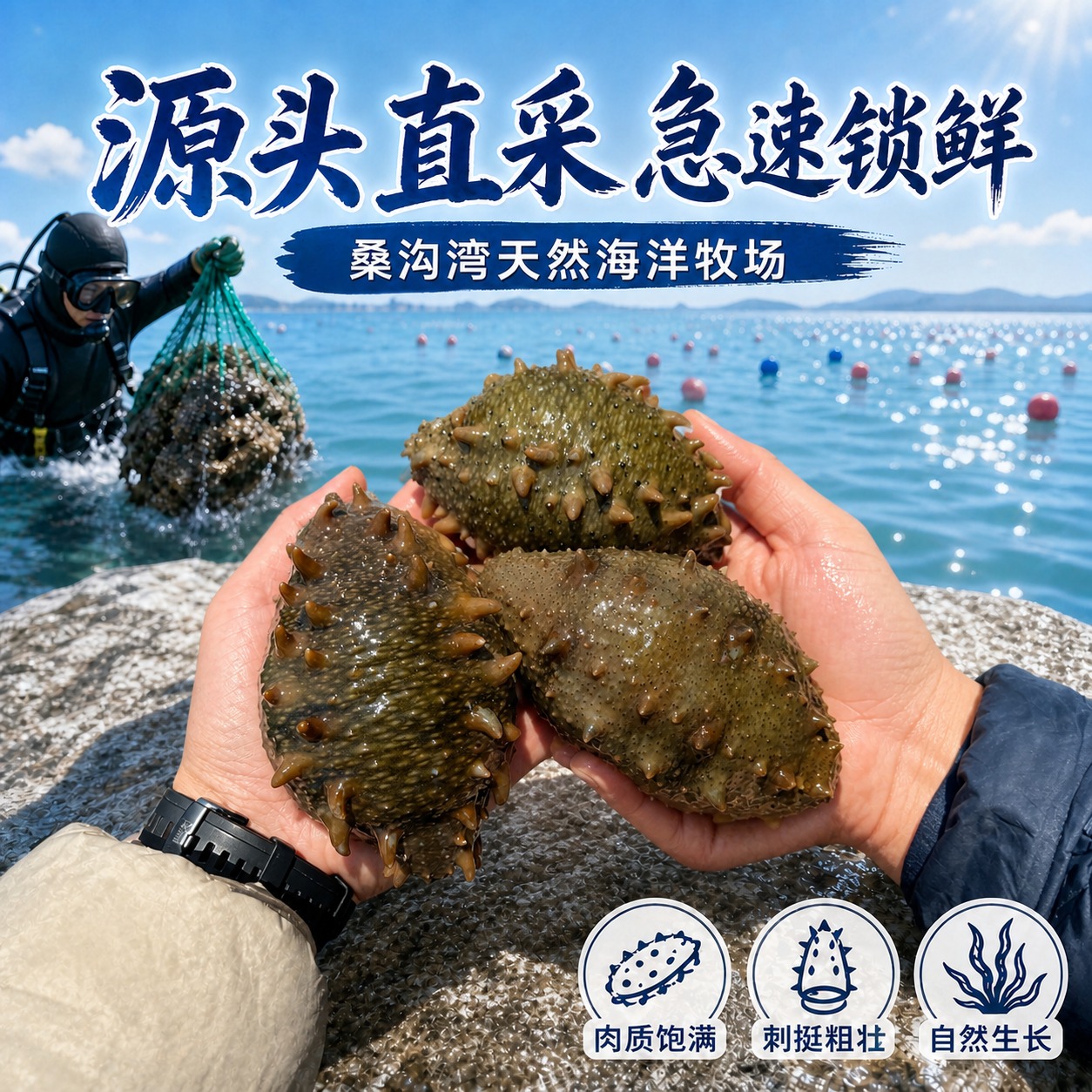 将图中前景戴黑手套的手和手中的三只海参，替换为第二张图中双手捧… - 图片创意预览