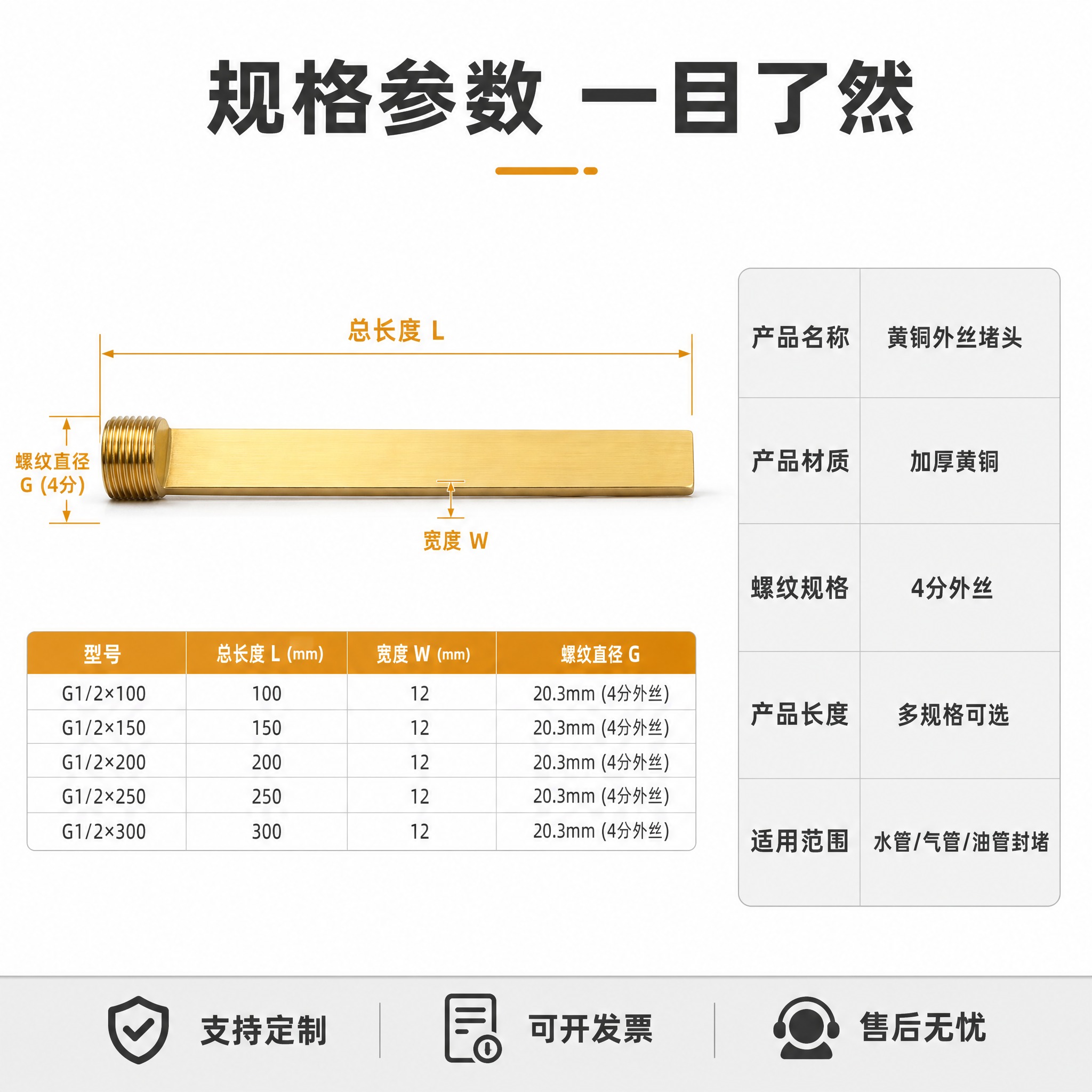 [主图-5] 黄铜外丝堵头铜条 规格参数尺寸图，清晰标注产品尺… - 图片创意预览