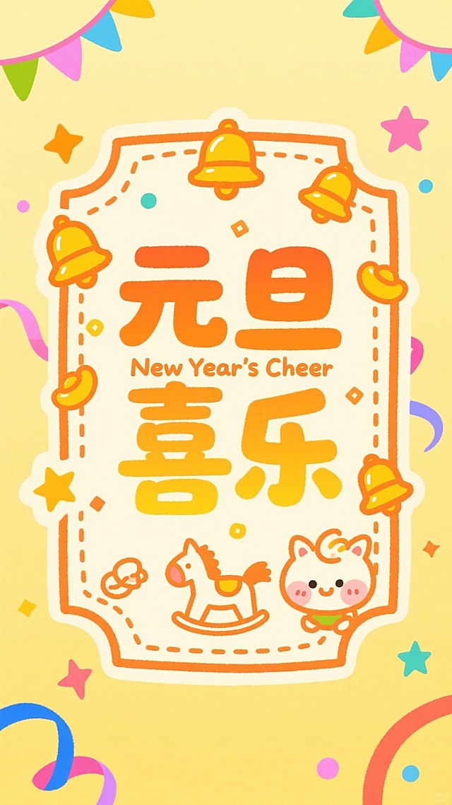 插画风+描边风，卡通感十足的元旦贺图，以暖黄为主调，融合手账风元素与大字风标题“元旦喜乐”，搭配铃铛、小猫与摇马等可爱符号，营造童趣喜庆氛围。