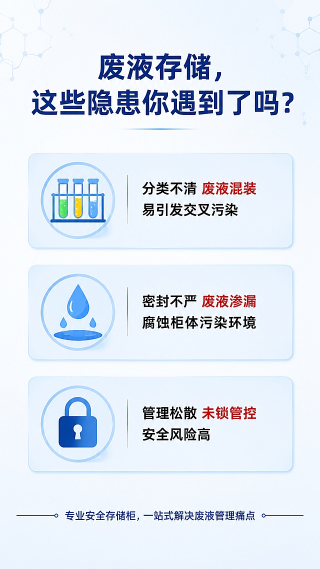 [第2屏] 痛点直击-实验室废液存储常见困扰。无需放置产品主体，聚焦场景痛点表达。
[氛围/风格] 专业问题梳理，浅蓝科技背景，简洁商务风，文字清晰易读。
[元素布局] 画面从上到下排布：顶部大标题，然后三个痛点卡片纵向分布，每个卡片配一个简约图标；图标分别对应：废液混合污染、泄漏渗透腐蚀、未锁管理隐患；底部用蓝色细线引出总结引导文字。留白充足，信息层级分明。
[光影质感] 均匀柔和的浅顶光，卡片文字清晰突出，整体干净整洁，无杂乱元素。
[配色色系] 全局底色 #F8FBFF，主色浅蓝色卡片，深蓝色标题，黑色正文，红色高亮痛点关键词。
[视角构图] 纯信息排版，居中对齐，纵向下沉阅读动线。
[文字版式] 顶部主标题「废液存储，这些隐患你遇到了吗？」；三个痛点卡片分别：1.「分类不清 废液混装 易引发交叉污染」配化学试管图标；2.「密封不严 废液渗漏 腐蚀柜体污染环境」配滴液图标；3.「管理松散 未锁管控 安全风险高」配锁具图标；底部小字总结「专业安全存储柜，一站式解决废液管理痛点」；所有文字大小适配手机阅读，无遮挡。
[比例分辨率] 9:16 竖版比例，4K分辨率，文字清晰可辨，高清画质。
[负向提示词] 产品图，水印，文字错乱，文字过小，第三方平台标识，极限词