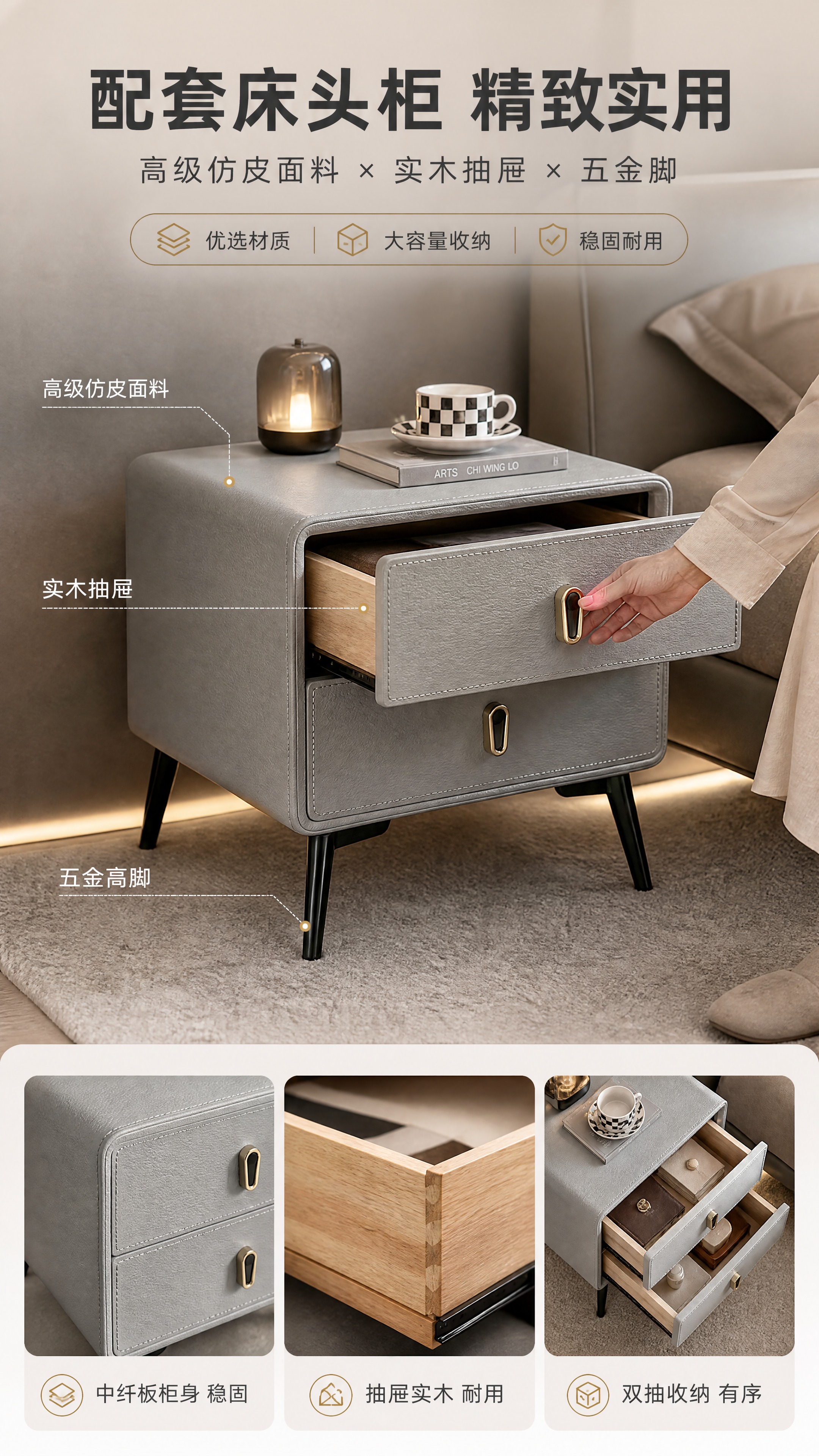 [商品] 使用【图2】浅灰色高级仿皮床头柜；保留双抽屉结构、仿… - 图片创意预览