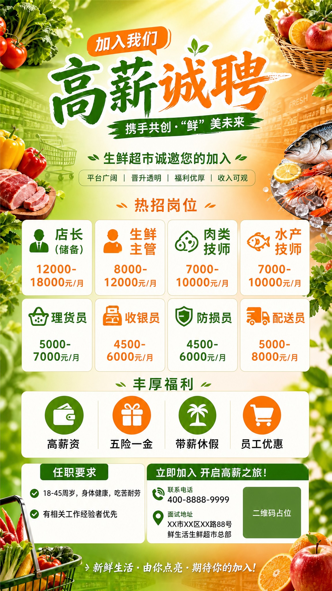 基于参考图的生鲜超市招聘海报，保持整体绿橙渐变风格和生鲜元素装… - 图片创意预览