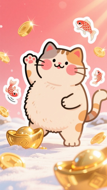 中国卡通风格，一只胖乎乎可爱的招财猫在招手，周围是闪亮的金元宝和金币，几条小锦鲤在欢快地跳跃。暖冬场景，带有阳光感。背景是柔和的红粉渐变。整体色调可爱、活泼、暖心。贴纸式设计，粗线条的扁平插画。无文字预览效果
