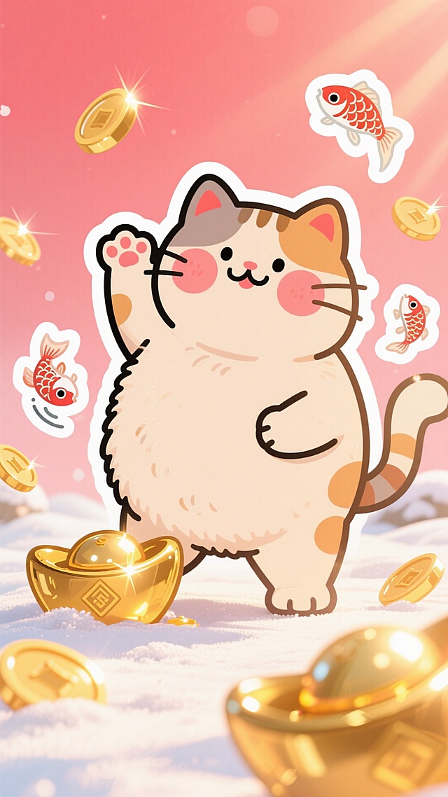 可爱卡通猫咪拟人化，描边插画风，毛发生长细节丰富，鎏金元宝与金币环绕，喜庆节日氛围浓厚。