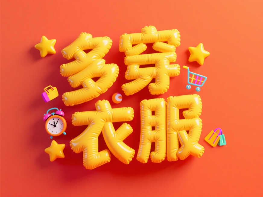 “多穿衣服”充气羽绒服样式字体，字体上装饰黄色星星、购物车、闹钟等彩色小元素，字体亮黄色，背景为明亮的橙红色预览效果