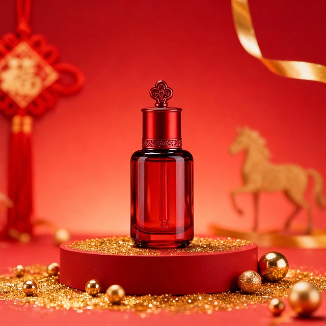 主体位于画面中心，被放置在金粉、金球装饰的高级感红色展台上（主体占画面比30%），背景为渐变红（中国结、金色彩带、金马剪影点缀，虚化）。整体呈现喜庆高级的新年主题氛围，正面视角，自然光影保证溶图效果。