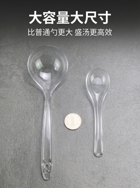 [主图 8] 食品级一次性大汤勺大容量尺寸展示。
[氛围风格] 直观清晰，真实展示，批发风格。
[画质] 清晰商业摄影，尺寸对比直观，画面干净。
[元素] 透明大汤勺和普通喝汤勺并排摆放，突出大汤勺更预览效果