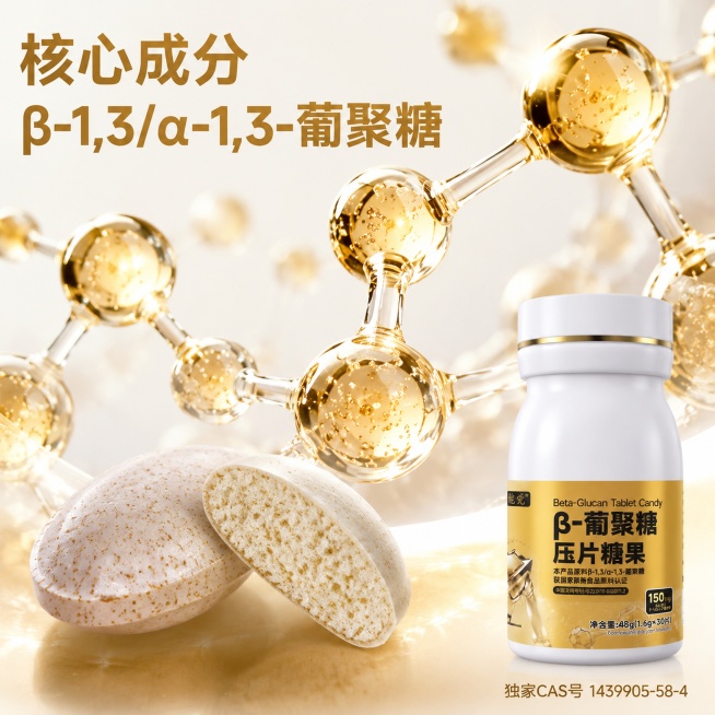 [主图-3] β-葡聚糖压片糖果核心成分细节展示主图
[氛围风格] 专业微观，成分清晰，科技感
[画质] 商业摄影质感，光线柔和通透，产品清晰真实，画面干净高级
[元素] 主画面为放大的β-葡聚糖分子预览效果