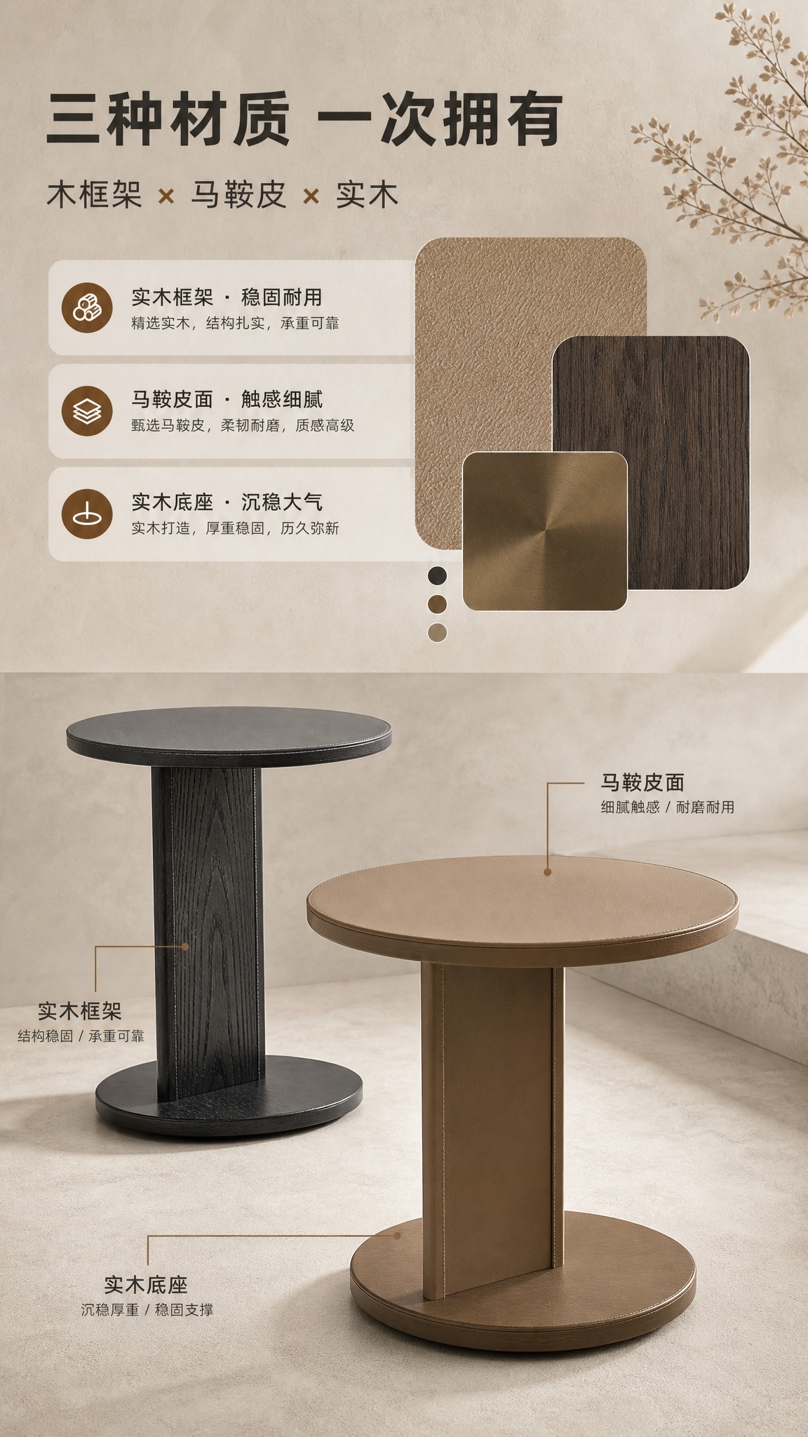 [商品] 使用【图1】圆形马鞍皮实木边几，保留圆形桌面、单柱支… - 图片创意预览