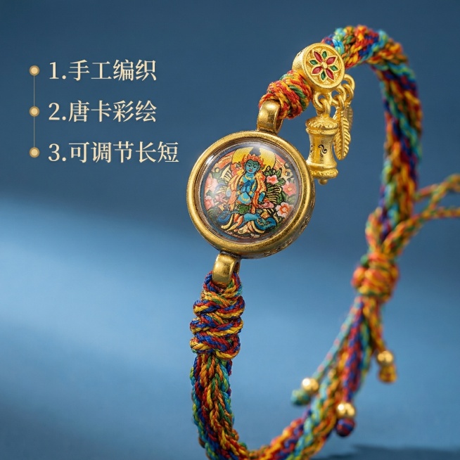 [主图 2] 藏式唐卡手绳核心细节亮点展示
[氛围/风格] 国风质感，细节清晰，古朴禅意氛围。
[画面元素] 保持原产品整体造型不变，放大展示唐卡吊坠和编织绳结工艺细节，突出手工编织纹理和唐卡彩绘细节预览效果