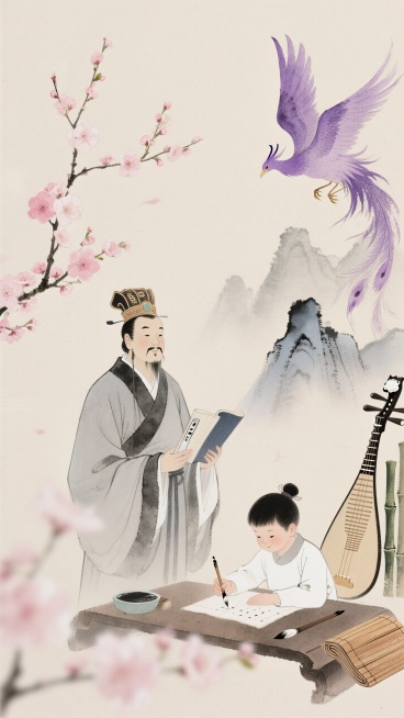 中国风教师节主题插画，米色背景， 搭配盛开的粉色桃花枝。画面中央有古代师生场景：戴冠长袍的老师手持书卷，孩童伏案书写。右侧有紫色凤凰、水墨山峦、古琴、竹简和毛笔等元素，整体风格典雅古朴，充满文化底蕴预览效果