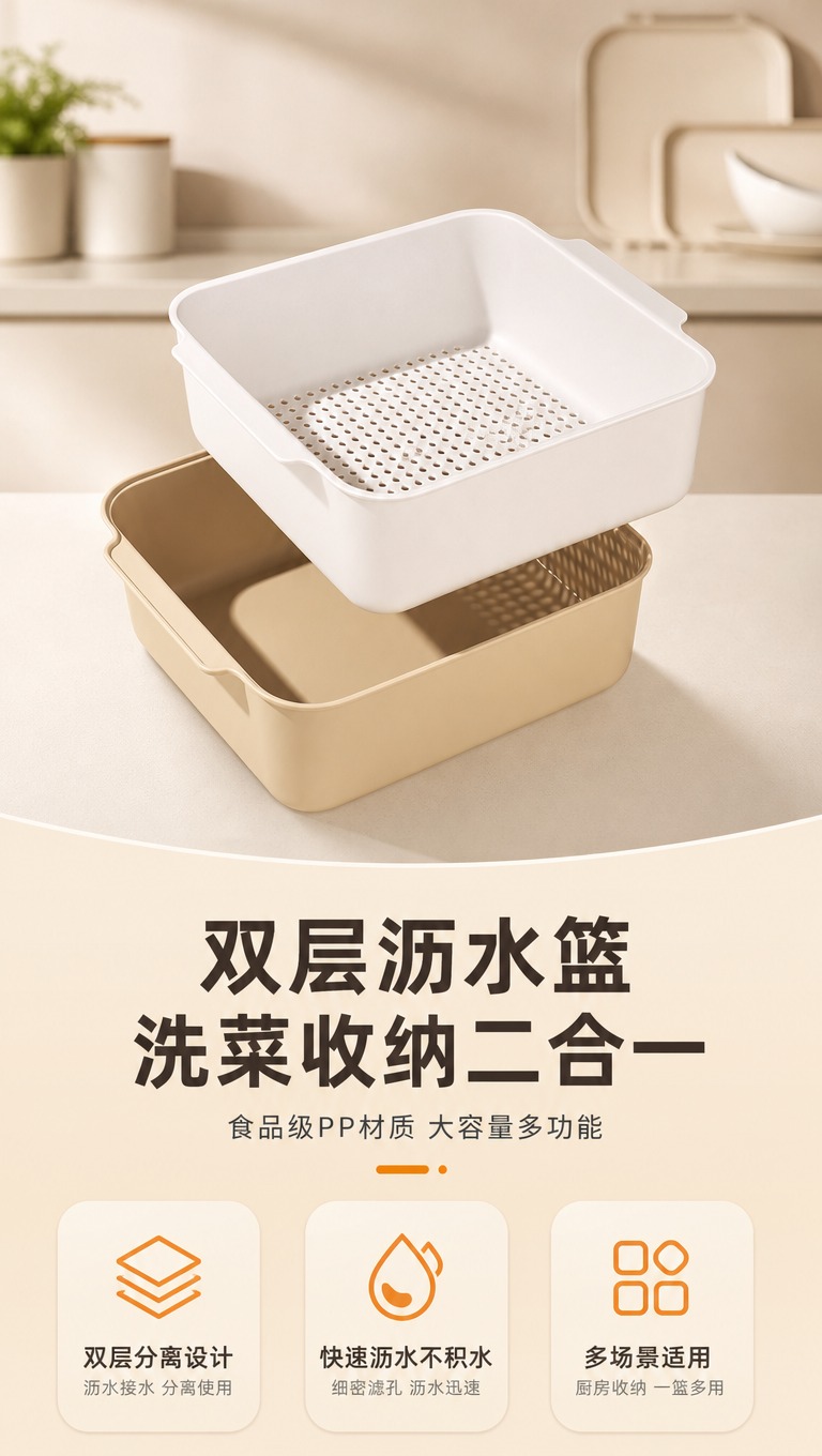 [商品] 使用【图1】双层方形沥水篮；保留奶白色沥水篮上层+浅… - 图片创意预览