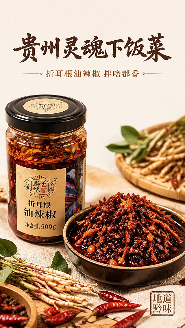 [第1屏] 详情页头图-折耳根油辣椒贵州特色酱料产品海报。本屏使用【图1】作为商品主体展示。
[氛围/风格] 浓郁食欲风，暖调家常烟火气，高清商业摄影质感，还原真实产品色泽。
[元素布局] 产品主体置于画面中下区域，占比约65%-70%，上方预留标题区域；主体左侧为瓶装完整产品，右侧为盛放在碗中的酱料特写，前景点缀新鲜折耳根和辣椒干装饰；产品结构、包装文字与输入产品图保持一致。
[光影质感] 左前方柔光主照明，右侧柔和辅光补亮，画面下方自然投影，油亮酱料保留光泽通透感，整体明暗层次分明。
[配色色系] 全局底色 #F9F5F0，主色红棕酱香色调，辅助色米黄背景、深棕标题文字。
[视角构图] 45°斜侧视角，产品组合为视觉中心，阅读动线从上至下，标题→主体产品→底部装饰。
[文字版式] 版式为顶部标题区+中部产品主体+底部装饰。主标题「贵州灵魂下饭菜」，副标题「折耳根油辣椒 拌啥都香」，采用温润书法感字体，居中排列；主标题深色，副标题浅棕色，文字不遮挡产品主体；右下角搭配方形装饰角标「地道黔味」。
[比例分辨率] 9:16 竖版比例，4K 分辨率，文字清晰可辨，高清画质。
[负向提示词] 产品变形，包装文字错乱，颜色偏差，水印，文字过小，背景杂乱，缺件错件