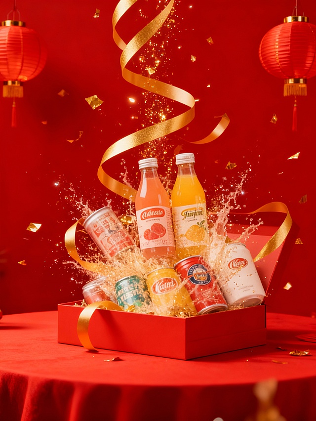 主体是红色台面上放着的图示商品，呈打开状态，内部商品向外飞溅。金色丝带围绕商品向上延伸，点缀金箔闪粉和红灯笼。正红色背景，喜庆的背景，喜庆的桌布