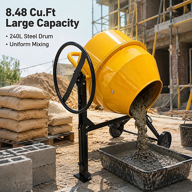[Electric Concrete Mixer working scenario] The portable concrete mixer is operating on a outdoor construction site, mixing cement mortar. Keep the product's yellow steel drum, black frame and wheel structure exactly the same as the input image, no color change. The background is a bright outdoor renovation site with stacked building materials, showing the product being used for actual work. Commercial construction photography style, soft natural light from side, high clarity, clean focus on the product. Product occupies about 70% of the frame. The overall tone is coordinated with the product's yellow and black. 1:1 square ratio, super high definition commercial photography quality, no deformation, no fuzzy product, no messy background, no watermark. Do not add any Chinese text. The main卖点 text displayed in the picture: "8.48 Cu.Ft Large Capacity", "240L Steel Drum", "Uniform Mixing" in clear English, placed in the upper left negative space without blocking the product, font color dark gray bold contrast.