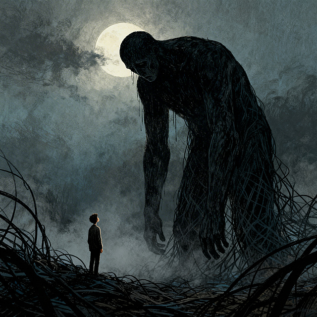 比利时插画家Ben Bauchau风格的黑暗情绪系列插画，深色线条构成混乱哀伤的画面，一个小人面对巨大的黑色巨人，象征内心深处的焦虑与孤独，整体色调偏暗，月光穿透雾气，带有朦胧氛围感