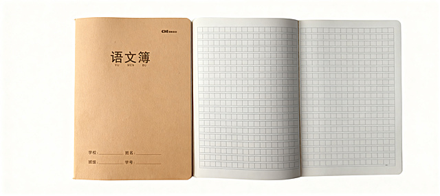 【最高指令】：本次任务仅为更换纯白背景与画质精修，绝对严禁对产品进行任何形式的重新设计、打乱重组或结构变形。必须 100% 像素级保留原图中所有商品元素的数量、形态以及它们之间的相对位置关系。
产品主体位于画面绝对正中心，垂直居中，水平居中，产品主体占据整个画面的 60%-80%，顶部空白区域与底部空白区域高度严格相等，严禁偏下，严禁贴边，严禁切图。正视，微俯拍视角。对存在歪斜或透视畸变的商品进行智能扶正与透视矫正，确保呈现端正的电商标准视角，严禁镜像翻转。
保留2本牛皮纸封面和内页的练习本，一个封面一个内页左右展开摆放，封面是牛皮纸棕色，印有“语文簿”文字信息和姓名栏，内页是浅灰色带方格作文纸。
必须将主体与背景完全物理剥离（抠图级剥离），非主体区域的背景像素必须 100% 强制覆写为 #FFFFFF 纯白，绝对纯净无杂色，不受任何环境光影响；智能瑕疵修复，全新成色，无瑕疵，无污渍，去除灰尘划痕，平整所有褶皱，消除使用痕迹，表面平整光滑，商业级精修，细节清晰锐利。
再次强调：产品绝对居中，上下留白相等。
