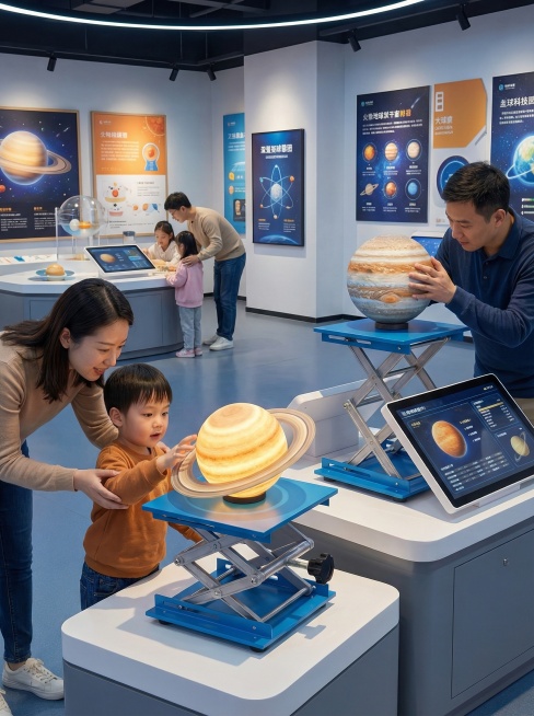 科技馆内，升降台承载着一个可触摸的轻型互动模型（如行星模型），供儿童和成人探索，高度可调以适应不同观众。教育性、互动感场景。 比例3:4预览效果