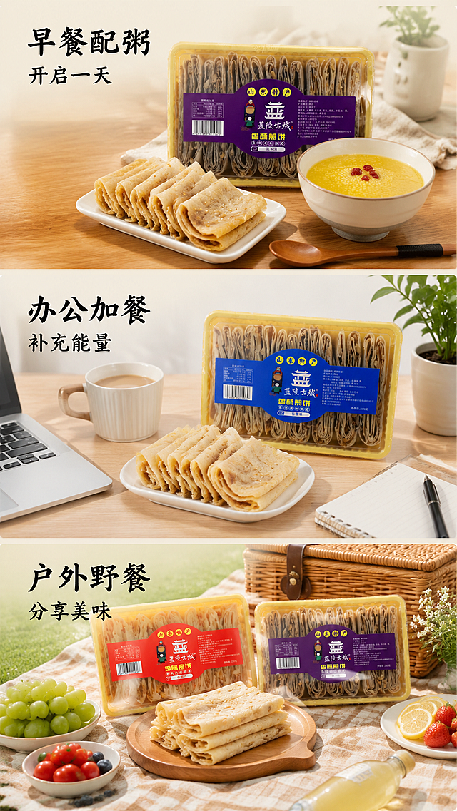「图片1」，生成一套详情页，商品名称香酥煎饼，适配淘宝/天猫平台，单图比例为9:16，需求屏数为8张。