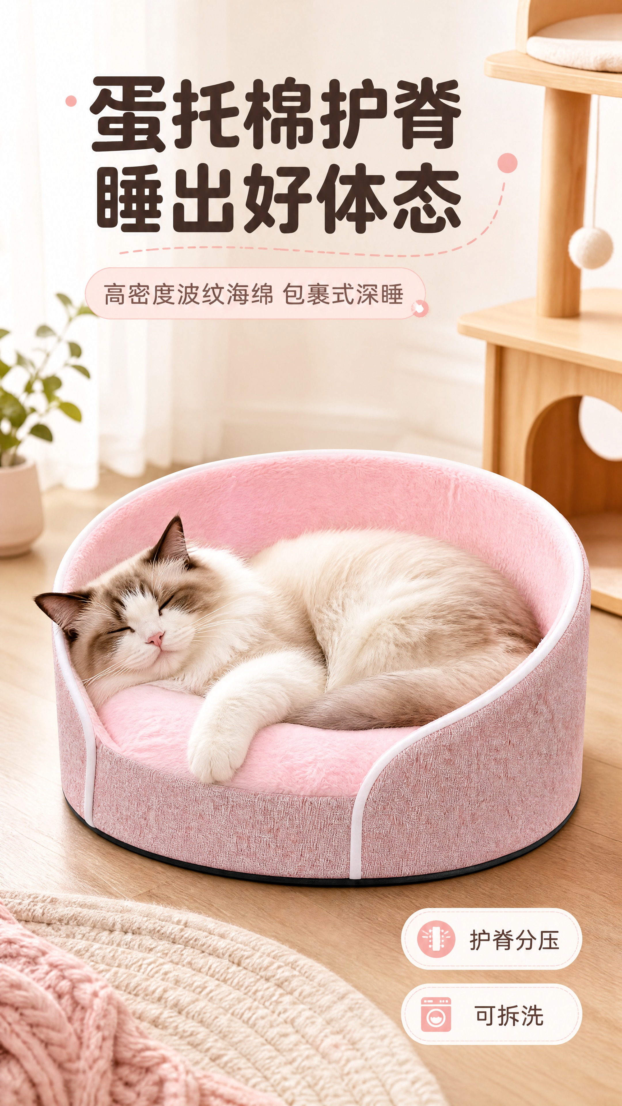 [商品] 使用【图6】粉色蛋托棉猫窝；保留圆形环抱围边、前低后… - 图片创意预览