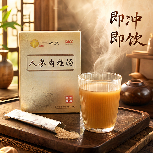 [主图-4] 冲调场景展示图。[氛围风格] 金色质感国风，温馨生活氛围。[画质] 商业摄影质感、光线柔和通透、产品清晰真实、画面干净高级。[元素] 玻璃杯中冲好人参肉桂汤，热气缓缓上升，一包撕开的小包装倒出粉末在旁，产品包装盒放在后方作为展示。保持包装盒外观、颜色、材质与输入产品图绝对一致，杜绝变形色差。杯子放在原木茶盘上，背景搭配古朴茶席，国风氛围浓厚。[光影] 暖光逆光，热气朦胧通透，汤色温润，突出热气腾腾的冲调感。[配色] 暖金色为主，搭配原木色、玻璃透明感，温馨自然。[视角构图] 第一人称Vlog视角，景深适中，主体突出。[文字版式] 右上角写"即冲即饮"，深棕色书法字体，自然不遮挡主体。[比例分辨率] 1:1 比例，4k 分辨率；文字清晰锐利，画面超高清。[负向提示词] 变形，水印，文字错乱，产品图模糊，背景杂乱。