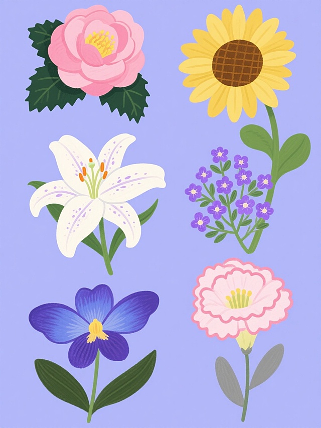 手绘插画风格，纯色背景，画面整体色彩变换，规整排布六个完全不同元素内容的系列花卉素材集合。每朵花都具有清晰的线条勾勒，平滑的色块填充，适度的光影过渡，展现出与原图一致的手绘质感。第一幅是粉色山茶花，花瓣层层叠叠，中心点缀黄色花蕊，搭配深绿色锯齿状叶片；第二幅是黄色小葵花，花盘饱满，放射状排列的黄色花瓣，花盘中心为棕色网格状，带有细长的绿色花茎和心形叶片；第三幅是白色百合花，六片舒展的花瓣，花瓣上有淡紫色斑点，花蕊为橙黄色，花茎细长，伴有披针形绿叶；第四幅是紫色满天星，细小的紫色花朵簇拥成球状，绿色细小花茎上布满小巧叶片；第五幅是蓝紫色紫罗兰，花瓣呈蝴蝶状，色彩由深至浅渐变，黄色花蕊，叶片为长圆形深绿色；第六幅是洋桔梗，粉色花瓣边缘带有波浪状褶皱，花蕊为淡黄色，花茎挺直，叶片呈灰绿色卵形。整体构图平衡，花卉形态自然生动，色彩明快和谐，符合手绘插画的清新风格。